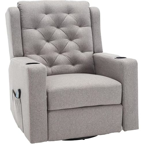330lbs Plus Size Massage Swivel Rocker Recliner Chairs Wide Seat Manual Reclining Rocking Glider Chairs with Cup Holders Tufted Fabric Massaging Recliners for Adults, Grey