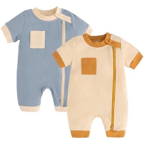 Volunboy Newborn Summer Clothes Unisex Baby Boy Girl 2 Pack Rompers Short Sleeve Two Way Zipper One-piece Jumpsuits Bodysuits