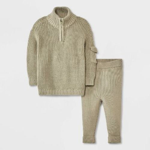 Grayson Mini Baby Boys' Quarter Zip Sweater Top & Bottom Set - Green Newborn