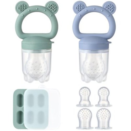 WANGLI 2 Pack Silicone Baby Fruit Feeder with Mini Freezer Tray, Baby Teethers, Breastmilk Popsicle Molds for Baby Teething Relief, Fresh Food Feeder for Safe Infant Self Feeding