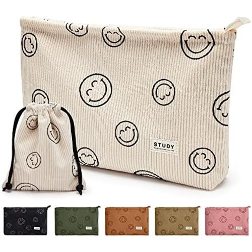 WLLWOO Makeup Bag-2pcs Smile Face Corduroy Cosmetic Bag Zipper Interior Waterproof Pencil Case Coin Purse Travel Toiletry Small Makeup Pouch For Women