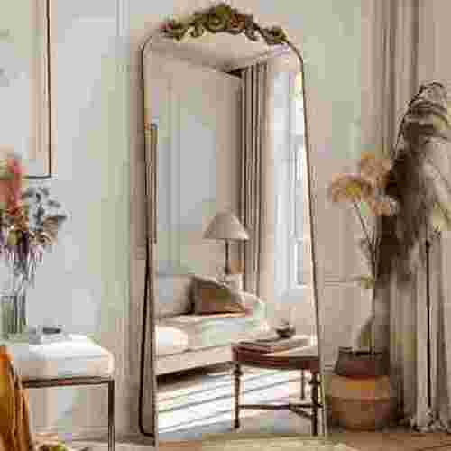 58"x18" Vintage Arched Full-Length Mirror with Carved Metal Frame, Baroque-Style Floor Mirror, Bronze