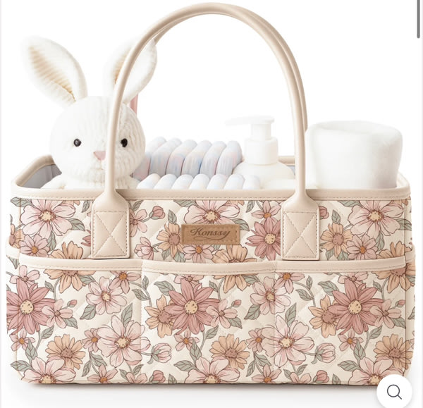 Konssy Quilted Diaper Caddy Organizer, Diaper Caddy Basket with Vegan Leather Handles, Water-Repellent Nursery Storage Basket, Portable Car Organizer, Registry Search Must Haves