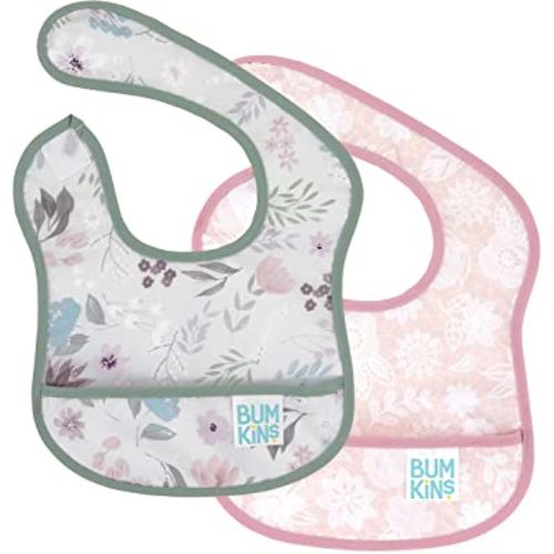 Bumkins Bibs, for Baby Girl or Boy, Infant 3-9 Months, Essential Must Have for Eating, Feeding, Baby Led Weaning, Mess Saving Waterproof Soft Fabric, Starter Bib 2-pk Floral and Lace Gray and Pink