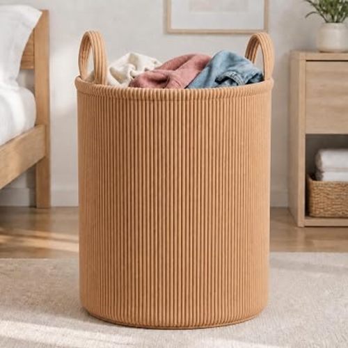 Novabright Brown Corduroy Nursery Hamper, 60l Large Clothes Baby Laundry Basket with Handle for Blankets Toys, Tall Decorative Boys Girls Nursery Laundry Storage Basket for Bedroom Living Room