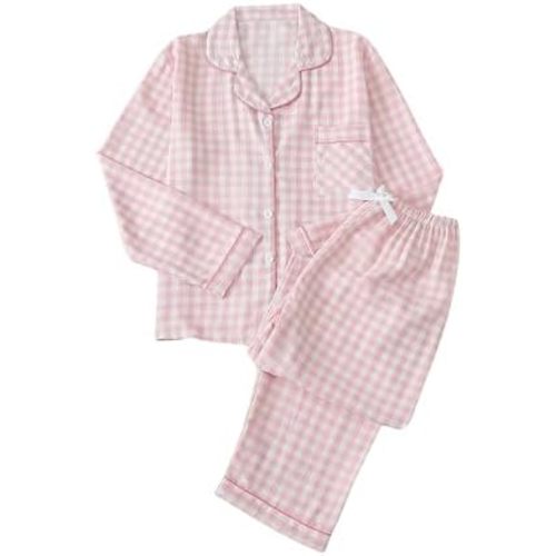 Verdusa Women's 2 Piece Gingham Plaid Pajama Sets Collared Button Down Shirts with Pants Loungewear
