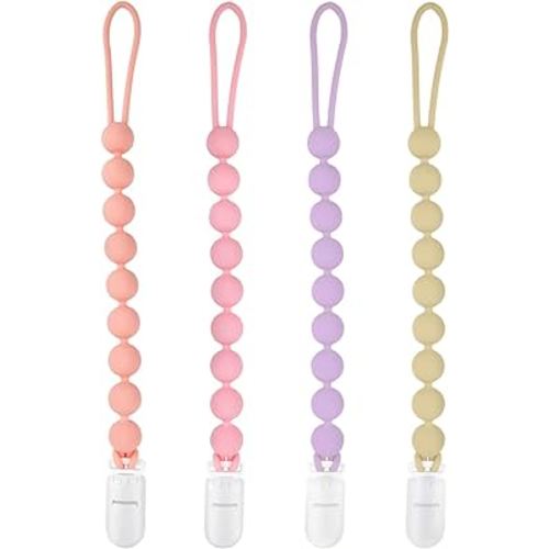 Silicone Pacifier Clip Holder, 4 Pack One Piece Soft Flexible Binky Clips Pacifier Holder Clip for Girls, Baby Newborn Essentials, Teething Relief, Birthday Christmas Shower Gift