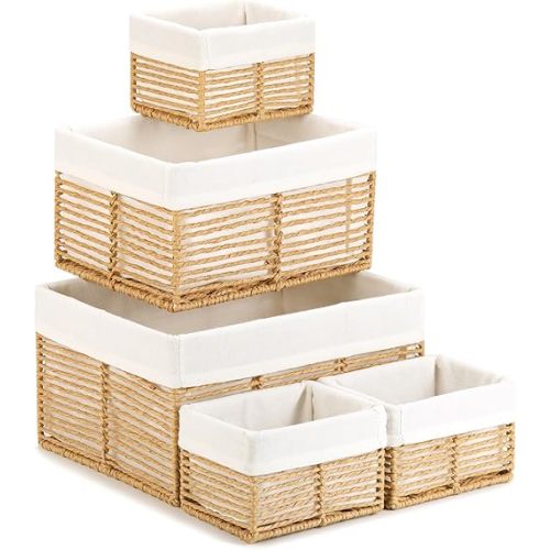 Vagusicc Wicker Storage Basket, Hand-Woven Paper Rope Wicker Baskets, Rectangular Small Wicker Baskets for Organizing, Cube Storage Bins for Closet/Clothes/Dresser, Natural, 5-Pack