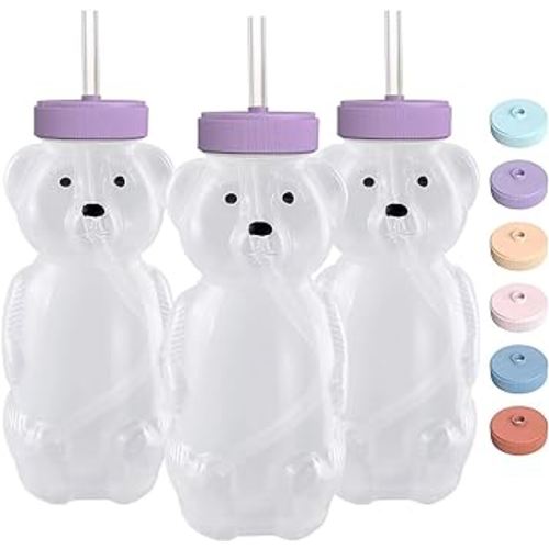 Honey Bear Straw Cups for Babies 3 pack, 8oz honeybear straw cup with improved safety lid design, Straw learning therapy cup. Leak-Proof & Food-Grade & BPA Free (PEACH)