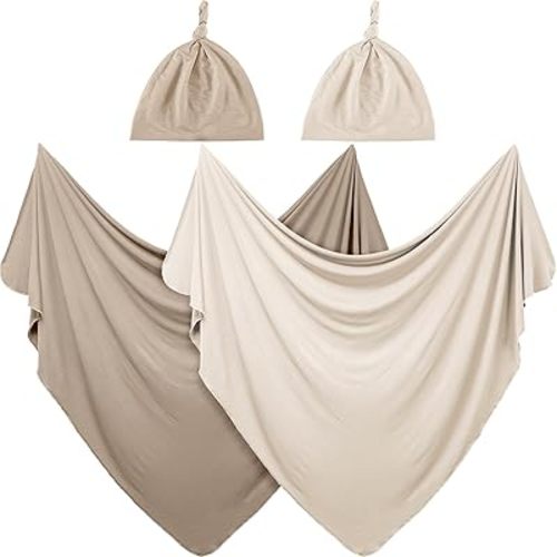 JaGely 2 Pack Baby Newborn Swaddle Blanket and Hat Set 47" x 47" Large Stretchy Receiving Blankets Set for Newborn Baby(Apricot, Khaki)