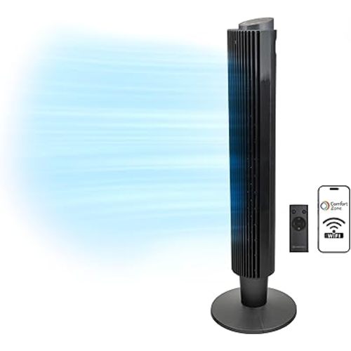 Comfort Zone Tower Fan for Bedroom, 42 inch, 5 Speeds, 3 Modes, Oscillating Stand Fan with Remote, 12H Timer, Adjustable Base 36”-42”, Bladeless Indoor Fan, Wi-Fi and Remote Control, Black