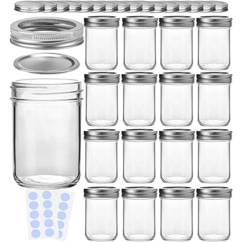 KAMOTA Mason Jars, 8 oz Glass Jars With Regular Lids and Bands, Ideal for Jam, Honey, Wedding Favors, Shower Favors,DIY Spice Jars, 16 Pack, Extra 16 Lids & 20 Whiteboard Labels