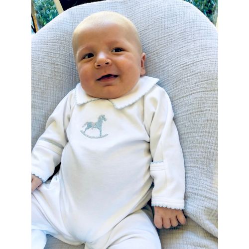 Rocking Horse Hunter Pima Cotton Footie- White w Blue trim or Blue w Blue Trim-Rocking Horse Outfit-Coming Home OutFit, Pima Cotton Baby