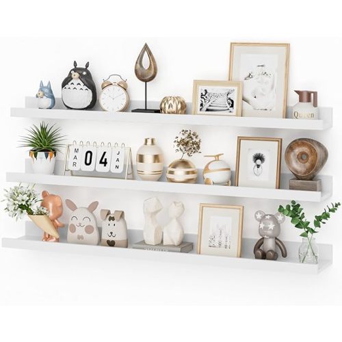 36 Inch Picture Ledge Shelf with Lip,White Floating Shelves for Wall Set of 3,Long Wall Shelves in Varying Depths for Living Room,Bedroom,Nursery,Bookshelf