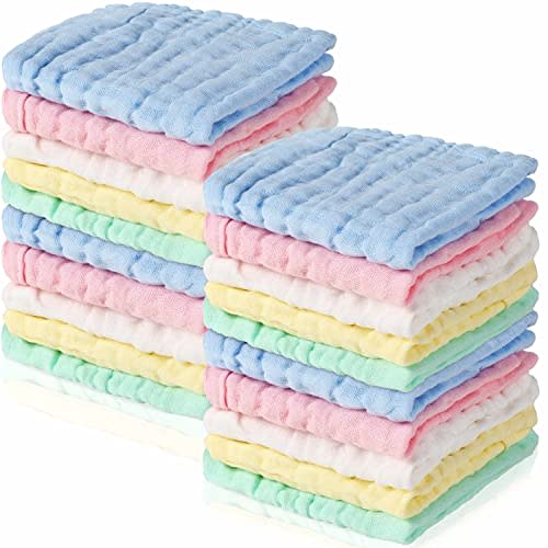 Breling 20 Pcs Baby Muslin Washcloths 12 x 12 Inch Burp Cloth Absorbent Muslin Washcloth Natural Cotton Wipes Soft Newborn Baby Face Towel for Sensitive Skin(Blue, White, Green, Yellow, Pink)