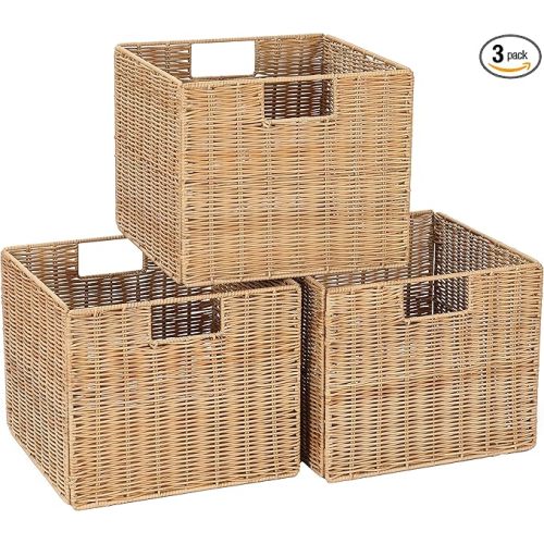 12X12X10in Plastic Wicker Storage Basket, Collapsible Wicker Cube Storage for Shelves, Woven Plastic Storage Basket for Pantry, Bedroom, Living Room, Bathroom, Shelves-3 Pack