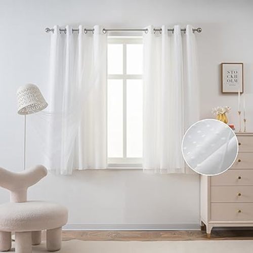 MYSKY HOME White Curtain for Bedroom 54 Inches Long Nursery Curtains Double Layers with White Polka Dots Sheer Short Kids Curtains for Girls Room Grommet Room Darkening Window Panels 52 x 54 in