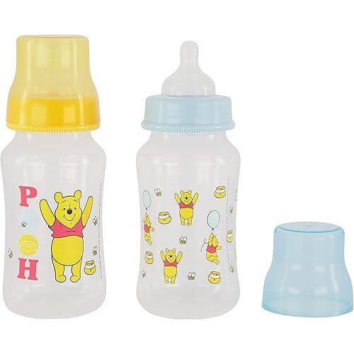 Baby Bottles 11 oz for Boys or Girls | 2 Pack of Disney Winnie The Pooh Infant Hourglass Shaped Bottles with Cover for Newborns and All Babies | BPA-Free Plastic Baby Bottle for Baby Shower