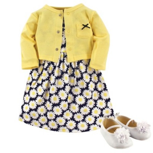 Hudson Baby Infant Girl Cotton Dress, Cardigan and Shoe 3pc Set, Daisy, Size: 9-12 months