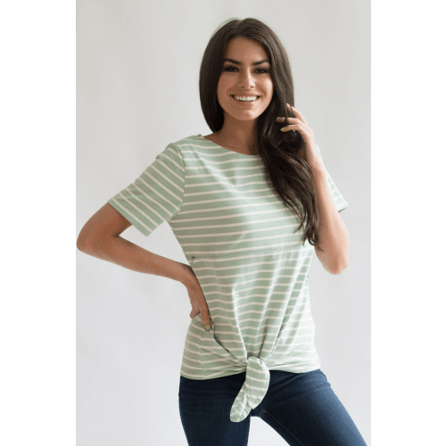 Striped Cotton Nursing T-Shirt With Front Tie- Hidden Zipper - Mint/Wh – Nursing Queen