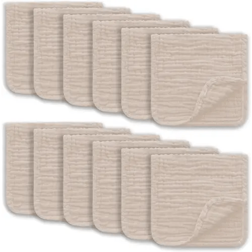 Muslin Burp Cloths Large 100% Cotton Hand Washcloths for Boys & Girls, Baby Essentials Extra Absorbent and Soft Burping Rags for Newborn Registry (Brown, 12-Pack, 20" X10")