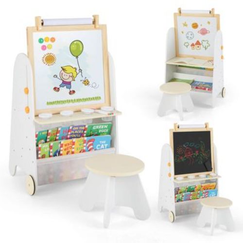 Costway 4-in-1 Kids Art Easel with Stool with Magnetic Whiteboard Chalkboard & Paper Roll Gray/Natural