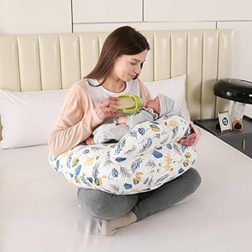 Nursing Pillow for Breastfeeding,Ergonomic Baby Feeding Pillows with Removable Washable Cotton Slipcover, Adjustable Waist Strap,Plus Size,More Support for Mom and Baby(Blue Leaf)