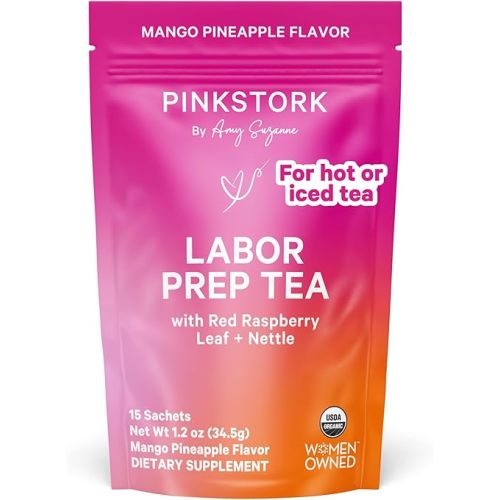 Pink Stork Organic Red Raspberry Leaf Labor Prep Tea - Mango-Pineapple with Nettle, and Moringa - Third Trimester Pregnancy Tea - Labor and Delivery Essentials for Women, 30 Cups