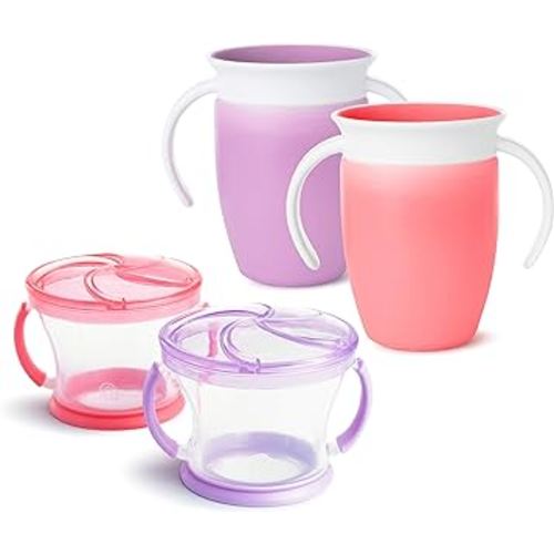 Munchkin® Miracle® 360 Trainer Cup and Snack Catcher, 4 Piece Set, Pink/Purple.