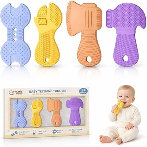 Baby Tool Teether Set, 4 Pack Silicone Textured Teething Toys for Boys 3–12 Months, Wrench Screwdriver Hammer Axe Chew Toys for Teething Relief, Newborn Infant & Toddler Baby Stuff