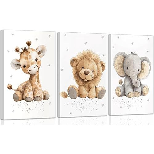 Pyvrah 3Pcs Kids Room Canvas Wall Art Cute Animal Wall Decor Prints Boy Girls Room Pictures Giraffe Lion And Elephant Painting Artwork for Baby Room Nursery Decoration 12x16in