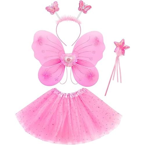 4 Pcs Butterfly Fairy Costume for Girls Kids Princess Cosplay Costume Set with Wings, Tutu Skirt, Wand for Girls 3-8 Years Pink