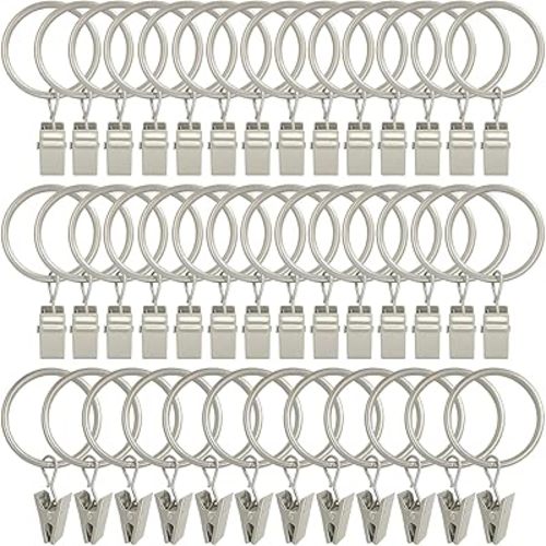 40 Pack Curtain Rings with Clips, Curtain Clip Rings Hooks, Bow Hanger Clips for Hanging Drapery Drapes Bows, Ring 1.26 inch Interior Diameter, Fits up to 1" Rod, Matte Silver