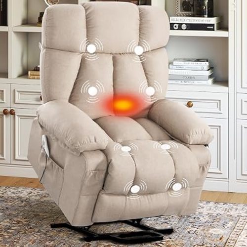 Power Lift Recliner Chair for Elderly, Big and Tall Lift Chair with Massage and Heat for Living Room, Fabric Electric Recliner Chairs with 4 Side Pockets, USB Charge Port,Beige