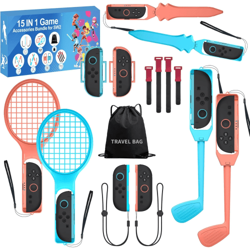 2025 Switch 2 Sports Accessory Bundle - 15-in-1 Family Accessory Kit for Switch Sports Games: Tennis Racket, Sword Grip, Golf Club, Wrist Dance Strap, Leg Strap and More