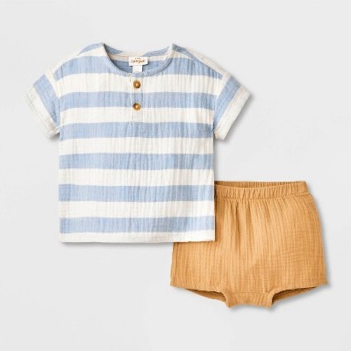 Baby Boys' Striped Henley Gauze Shorts Set - Cat & Jack™ Blue 24M