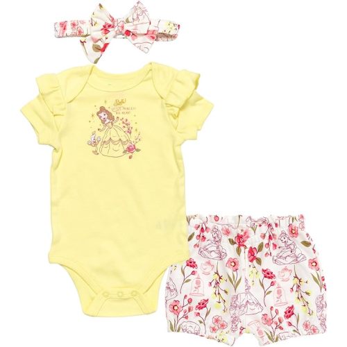 Disney Princess Ariel Belle Tiana Baby Girls Bodysuit Bubble Shorts and Headband 3 Piece Outfit Set Newborn to Infant