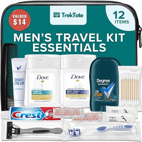 TrekTote 12 Piece Men’s Travel Toiletry Kit TSA Approved Travel Size Toiletries Set Hygiene Kit with Toothbrush Toothpaste Deodorant Razor Shampoo Conditioner
