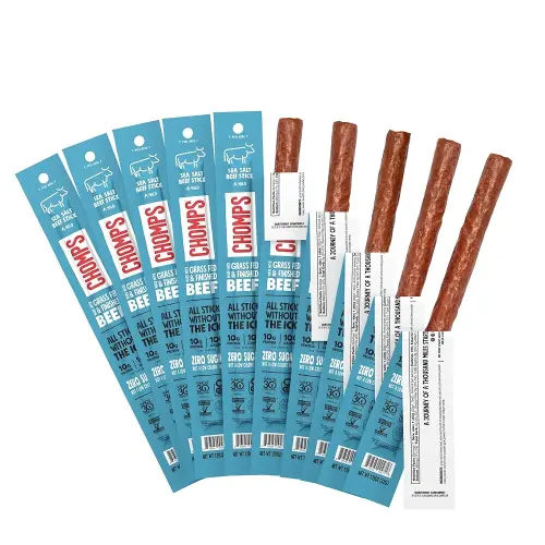 Chomps Grass-Fed and Finished Sea Salt Beef Jerky Snack Sticks 10-Pack - Keto, Paleo, Whole30, 10g Lean Meat Protein, Gluten-Free, Zero Sugar Food, Non-GMO