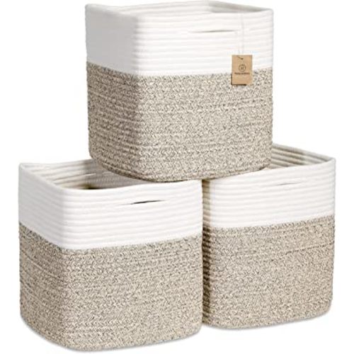 NaturalCozy Storage Cubes 11 Inch Cotton Rope Woven Baskets for Organizing, 3-Pack | Cube Bin Square Shelves Organizer, Classroom, Kids Toy Bins, Closet, Baby Nursery
