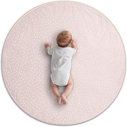 Byrd & Blume Round Baby Play Mat, Organic Cotton Soft Padded Nursery Floor Mat, Safe Hypoallergenic Baby Mat, Reversible, Foldable, Portable Infant Tummy Time Mat Fits Tents & Playpens (40"x40") Pink