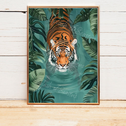 Tiger Swimming Wall Art, Jungle Animal Print, Animals Painting, Tropical Art Print, Living Room Decor, Housewarming Gifts