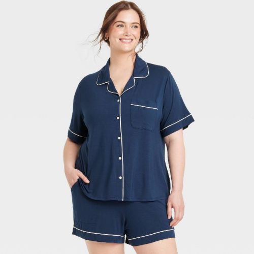 Women's Cloud Knit Short Sleeve Notch Collar Top And Shorts Pajama Set - Auden™ Navy Blue M