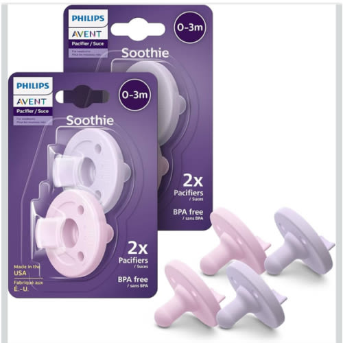 Philips Avent Soothie Orthodontic Baby Pacifiers, 100% Silicone Pacifiers, One Piece, BPA-Free, for Babies 0-3 Months, 2 Lilac and 2 Pink, 4 Pack, Model SCF190/70