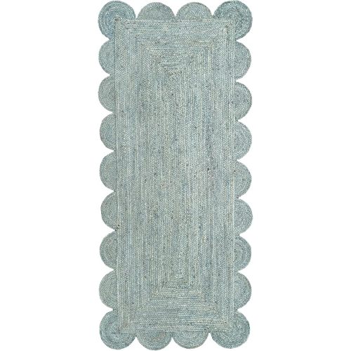 Scallop Jute Runner Rug Boho Jute Rug Scalloped Coastal Rug, Jungle Mist, 2'x8'