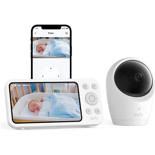 eufy Baby Monitor E20 with 2K HD Camera, 5'' 720p Display, Hybrid Wi-Fi and No Wi-Fi Connection, App and Monitor Control, Pan-Tilt, 4× Zoom, Portable Camera with Built-in Battery, ANR, Smart Alerts