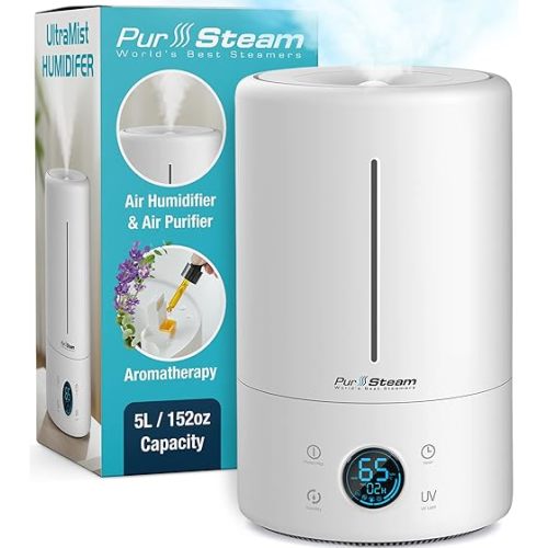 PurSteam Humidifiers for Large Room & Bedroom, 5L Cool Mist Ultrasonic Whisper-Quiet Oil Diffuser for Baby Nursery and Plants, Humidifying Unit for Whole House, Auto Shut-Off, Up to 20h of Operating