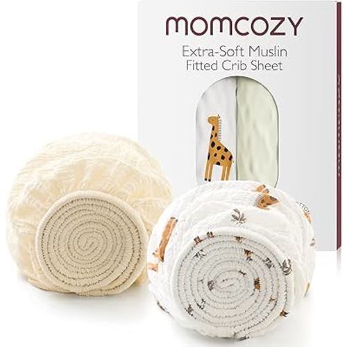 Momcozy Best Wishes Muslin Fitted Mini Crib Sheets, 38''x26'', 2 Pack Soft Breathable Natural Cotton Baby Mattress Sheet, 360° Mattress Wrapping Boys Girls Neutral Toddler Bed Sheet, Bravery Giraffe