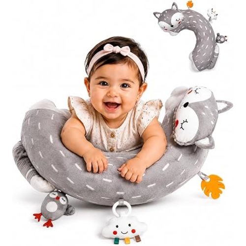 Tummy Time Activity Toy | Baby Sensory Pillow for Infants 0-6 Months | Pillow with Detachable Rattle | Crinkle & Teether Toys | Soft Breathable Floor Pillow for Newborns and Babies