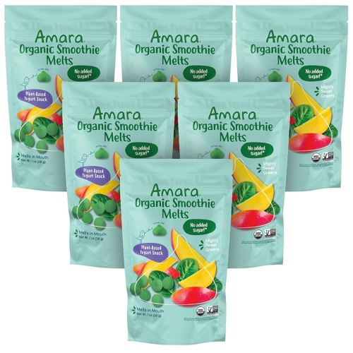 Amara Smoothie Melts - Mighty Sweet Greens - Baby Snacks Made With Fruits and Vegetables - Healthy Toddler Snacks For Your Kids Lunch Box - Organic Plant Based Yogurt Melts - 6 Resealable Bags